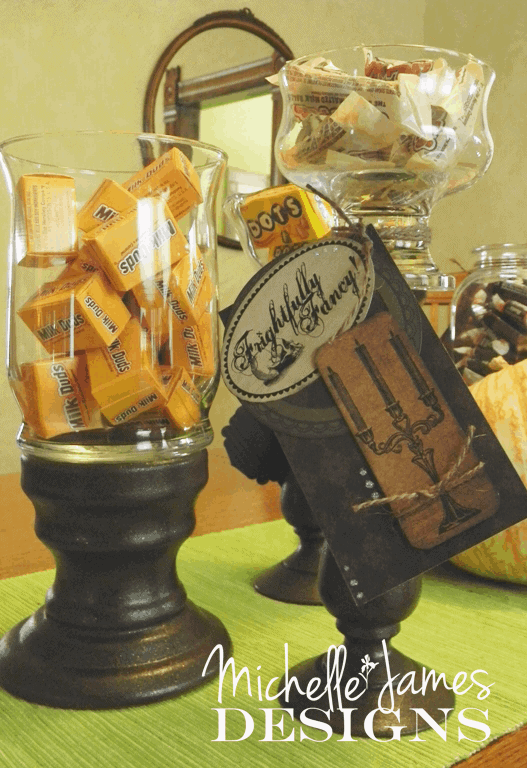 Halloween Candy Bar - www.michellejdesigns.com - create a fun Halloween Candy Bar using thrift store candle holders and glass items. 