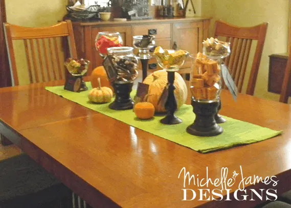 Halloween Candy Bar - www.michellejdesigns.com - create a fun Halloween Candy Bar using thrift store candle holders and glass items. 