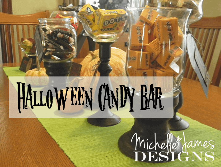 Halloween candy bar made form recycled candlesticks and glass bowls