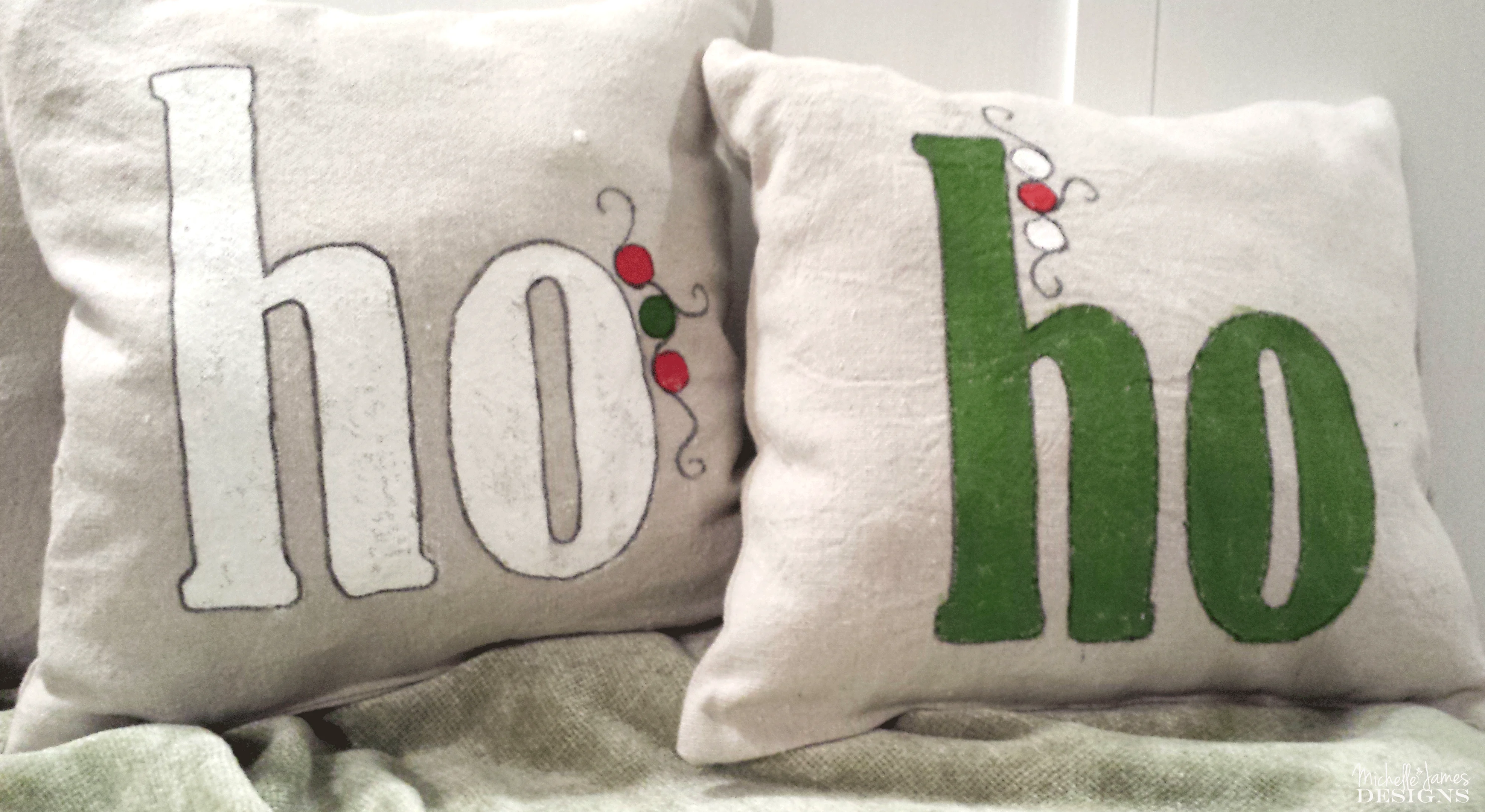 These holiday ho ho ho pillows are perfect for home holiday decor. - www.michellejdesigns.com