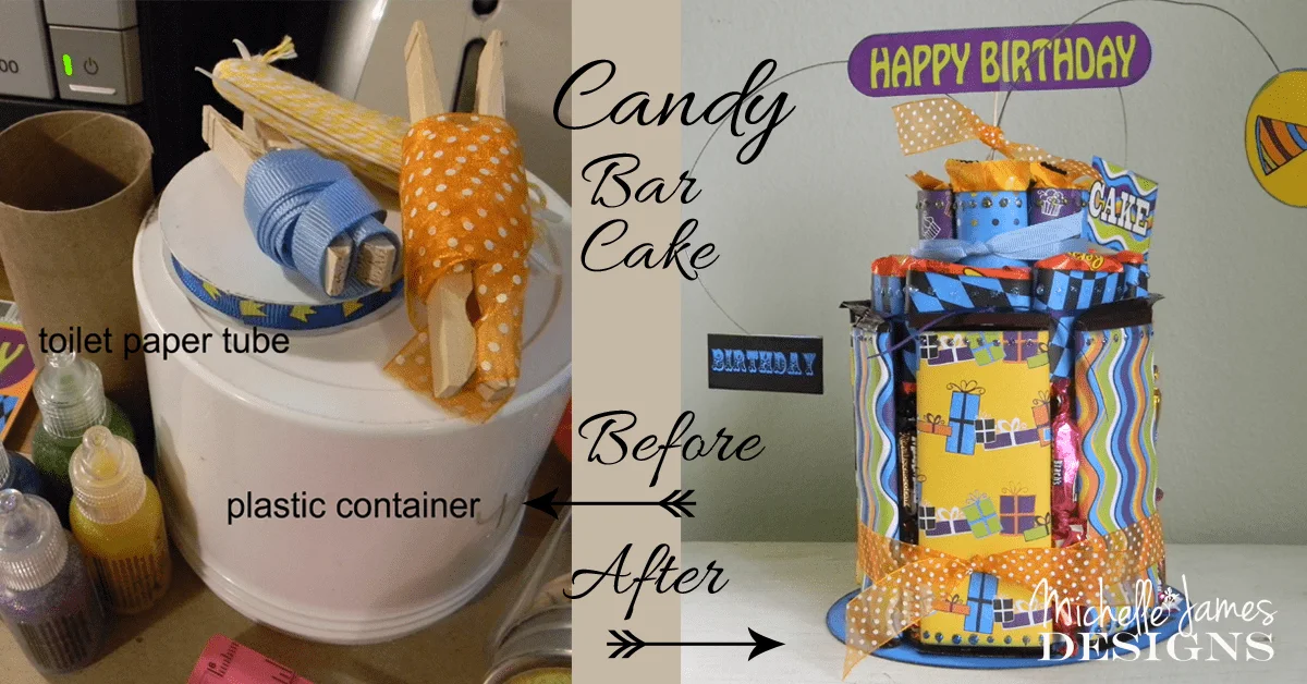 Trash it or Craft it? - www.michellejdesigns.com - Many different items such as a plastic container and a toilet paper tube are up-cycled into a fun and festive candy bar cake
