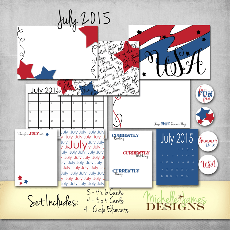 July 2015 Kit for Project Life Pocket Pages - www.michellejdesigns.com - Download this free July 2015 kit to use for scrapbooking and paper crafting!