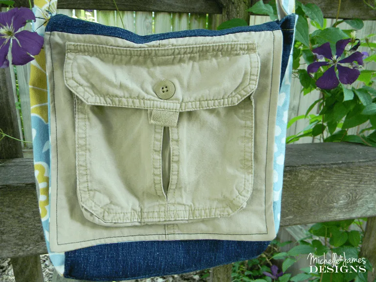 Messenger Bag - www.michellejdesigns.com - Recycled fabric, denim and cargo shorts all to make this fantastic messenger bag!