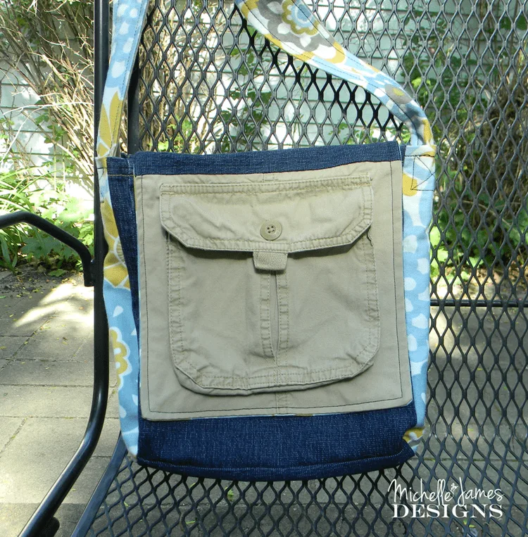 Messenger Bag - www.michellejdesigns.com - Recycled fabric, denim and cargo shorts all to make this fantastic messenger bag!