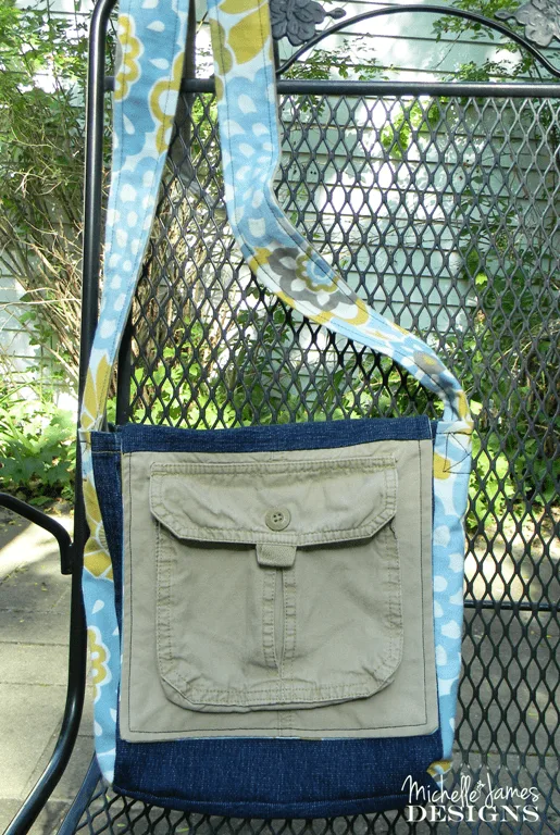 Messenger Bag - www.michellejdesigns.com - Recycled fabric, denim and cargo shorts all to make this fantastic messenger bag!