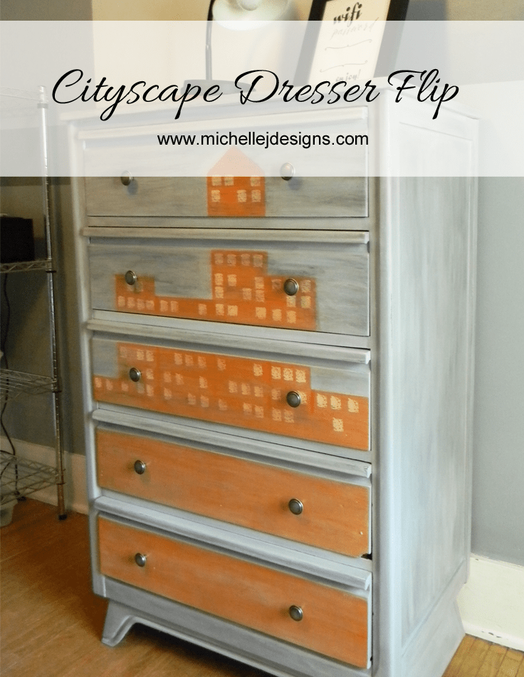 Cityscape Dresser Flip - www.michellejdesigns.com - A dresser for storage in the guest bedroom and created for the Fab Furniture Flippin Contest