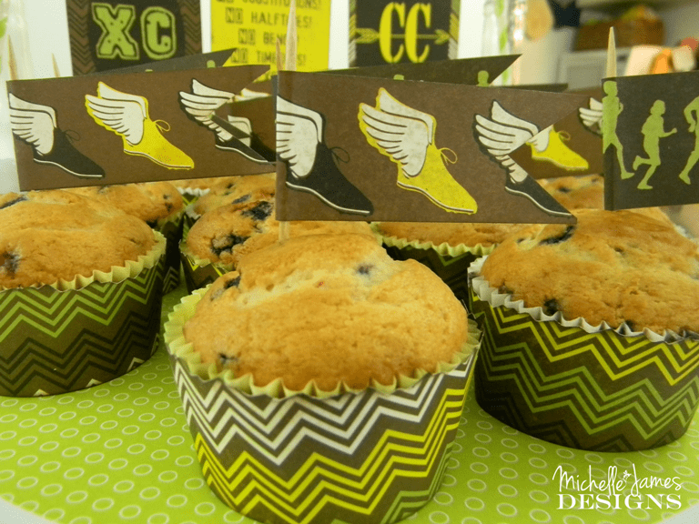 Cross Country with Moxxie - www.michellejdesigns.com - using Moxxie's  Cross Country scrapbooking collection as decor for meet day muffins!