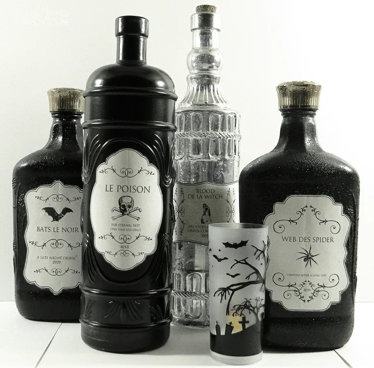 Create your own potion bottles with these Halloween Bottle Labels. Paint your bottles and add the Halloween Labels for some spooky Hallwoeen decor! - www.michellejdesigns.com