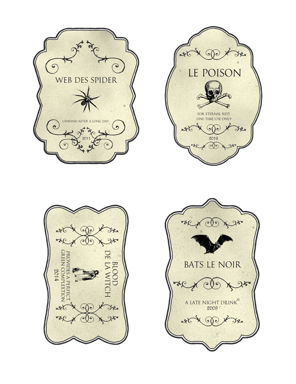 Halloween Bottle Labels - www.michellejdesigns.com - Print these free Halloween labels. Great for wine bottles or just spooky bottles for your holiday decor!