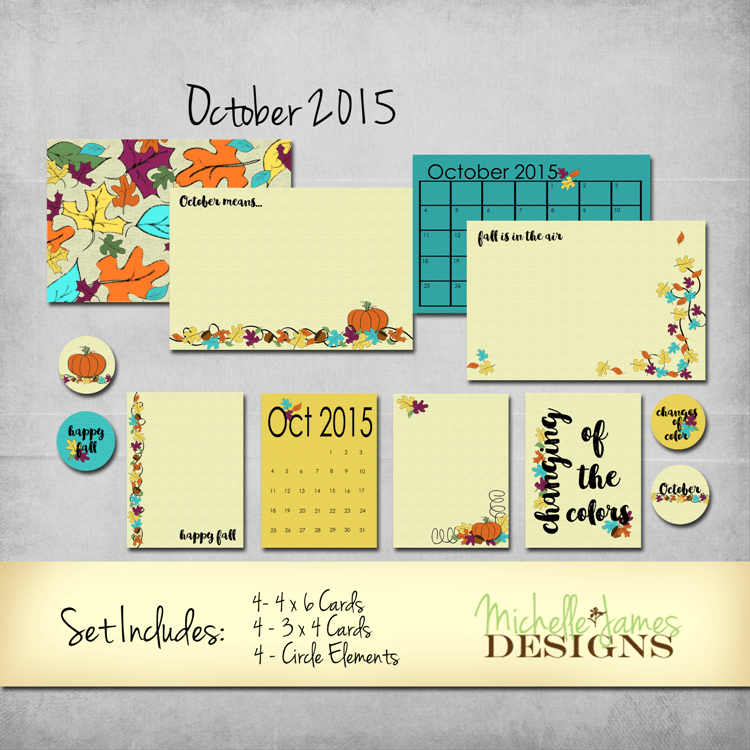 October 2015 Kit - www.michellejdesigns.com - Perfect for fall pages, cards and mini-albums this kit is full of leaves and a great fall color scheme!