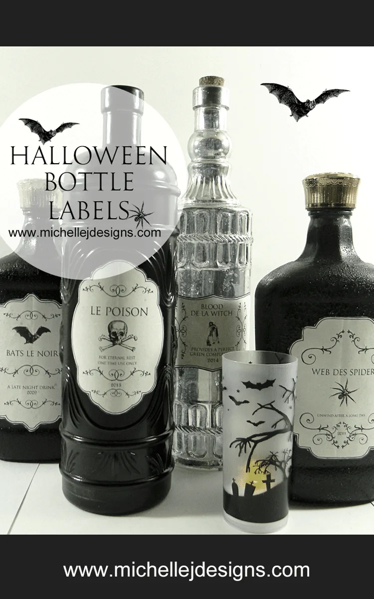 Create your own potion bottles with these Halloween Bottle Labels. Paint your bottles and add the Halloween Labels for some spooky Hallwoeen decor! - www.michellejdesigns.com