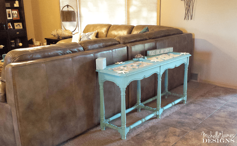 Beach Inspired Sofa Table - www.michellejdesigns.com - I was happy to help create this beachy sofa table for a friend. Look how we transformed it from dullsville to beachy keen!