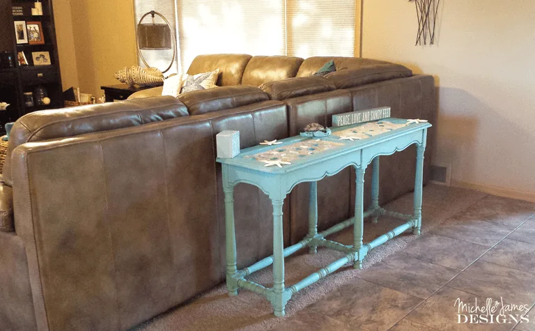 Beach Inspired Sofa Table - www.michellejdesigns.com - I was happy to help create this beachy sofa table for a friend. Look how we transformed it from dullsville to beachy keen!