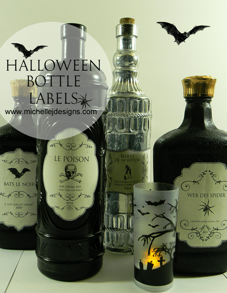 Halloween Bottle Labels - www.michellejdesigns.com - Print these free Halloween labels. Great for wine bottles or just spooky bottles for your holiday decor!