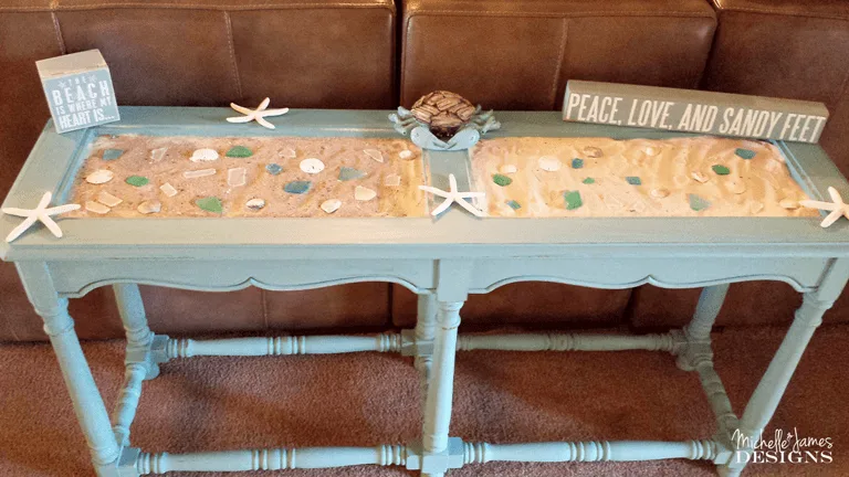 Beach Inspired Sofa Table - www.michellejdesigns.com - I was happy to help create this beachy sofa table for a friend. Look how we transformed it from dullsville to beachy keen!