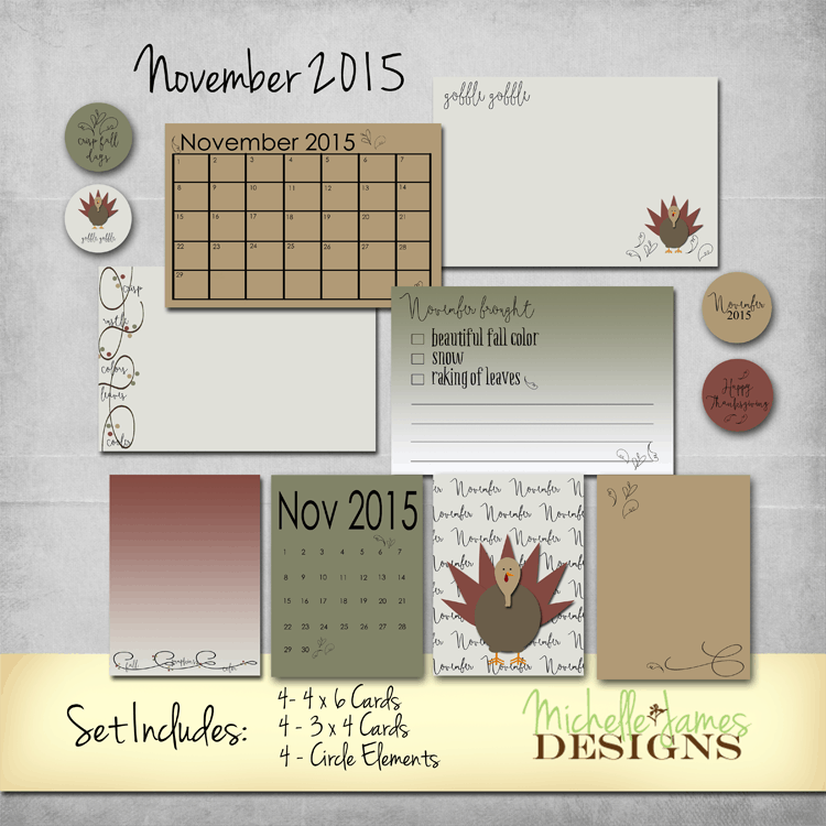 November 2015 Kit - www.michellejdesigns.com - The November kit for Project Life Pocket Pages includes nice fall colors and a turkey...of course!