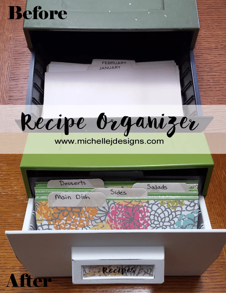 Pantry Recipe Organization - www.michellejdesigns.com - I created this recipe holder and some great free printable recipe cards to house all of my loose recipes. I can't wait to fill it up!