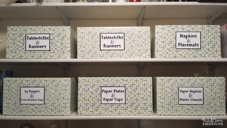 Organizational Boxes from Diaper Boxes - www.michellejdesigns.com - I used contact paper, diaper boxes and some labels to create storage in my pantry.