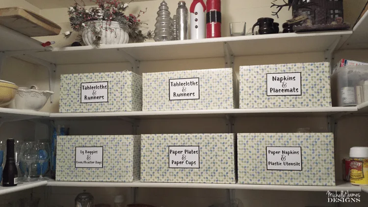 Organization Boxes from Diaper Boxes - www.michellejdesigns.com - I used contact paper, diaper boxes and some labels to create storage in my pantry.