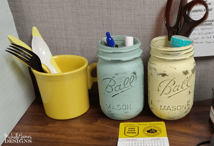 Mason Jar Desk Accessories - www.michellejdesigns.com - I used some mason jars to create fun desk accessories to perk up my boring desk!