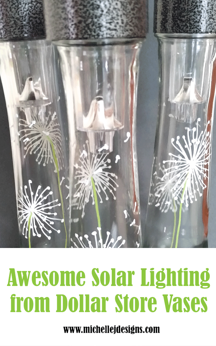 The tops of the outdoor solar lights fit perfectly into the Dollar Store Vases and make awesome outdoor lighting - www.michellejdesigns.com #michellejdesigns #solarlighting #dollarstorecrafts #dollarstore #outdoorlighting #diyprettysolarlights 