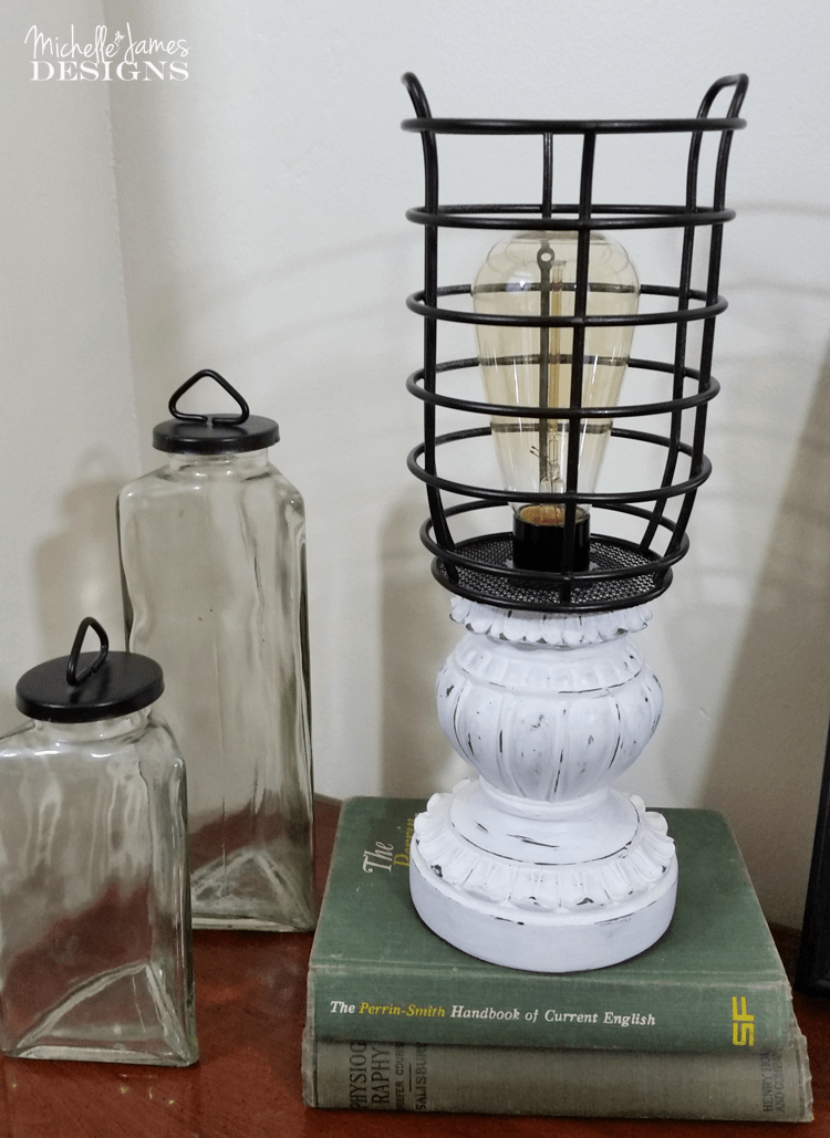 Farmhouse Look Lamp on a Budget - www.michellejdesigns.com - I love the farmhouse look. I created this lamp from Thrift store parts and I think it would fit into any farmhouse decor