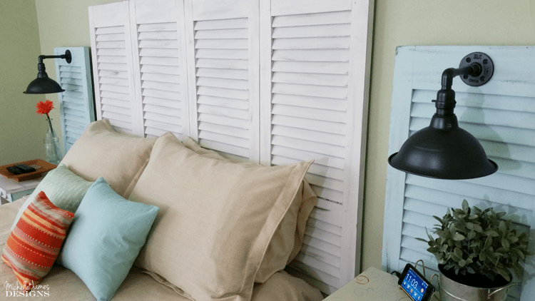 DIY Shutter Headboard - www.michellejdesigns.com - See how I created a headboard and bedside table sconces by using garage sale shutters!