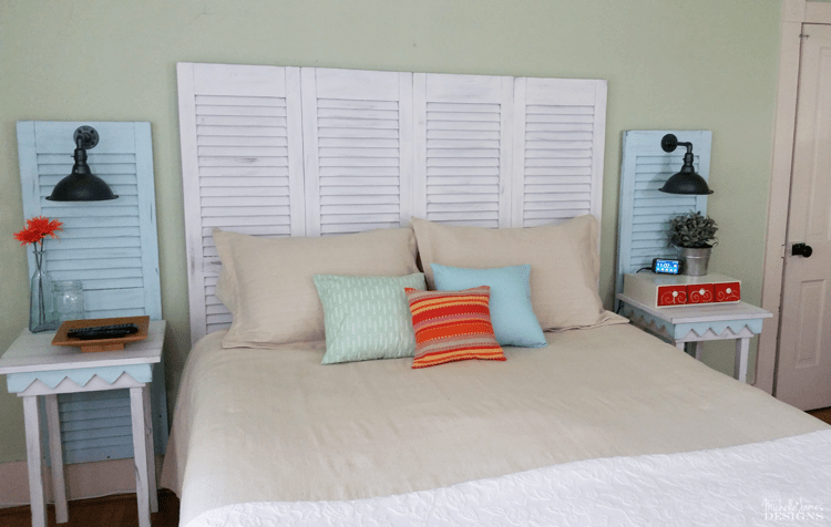 DIY Shutter Headboard - www.michellejdesigns.com - See how I created a headboard and bedside table sconces by using garage sale shutters!