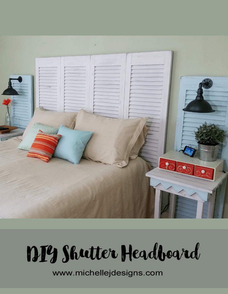 DIY Shutter Headboard - www.michellejdesigns.com - See how I created a headboard and bedside table sconces by using garage sale shutters!