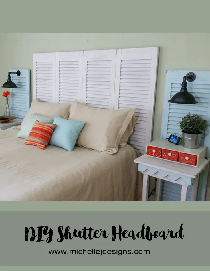 DIY Shutter Headboard - www.michellejdesigns.com - See how I created a headboard and bedside table sconces by using garage sale shutters!