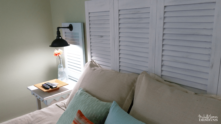 DIY Shutter Headboard - www.michellejdesigns.com - See how I created a headboard and bedside table sconces by using garage sale shutters!