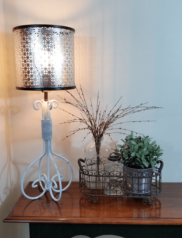 DIY Metal Lampshade - www.michellejdesigns.com - I created this from a piece of metal and some embroidery hoops and you can too!