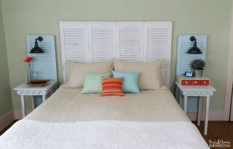 DIY Shutter Headboard - www.michellejdesigns.com - See how I created a headboard and bedside table sconces by using garage sale shutters!