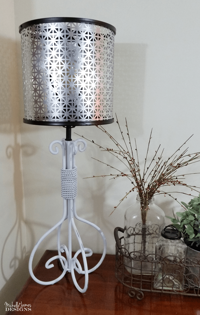 DIY Metal Lampshade - www.michellejdesigns.com - I created this from a piece of metal and some embroidery hoops and you can too!