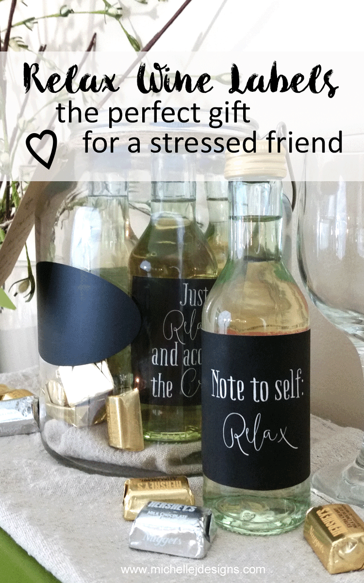 These wine labels fit perfectly onto the mini wine labels and make a great gift for a friend or family member who has been stressed or is going through a tough time! - www.michellejdesigns.com #michellejdesigns #winelabels #printablewinelabels #miniwinebottles #freeprintable #giftsinajar