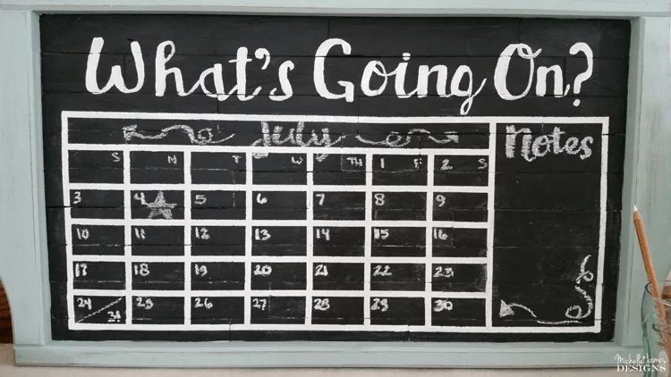 How To Create A Chalkboard Calendar - www.michellejdesigns.com - Create and amazing and affordable chalkboard calendar with a frame, some wood and some paint!