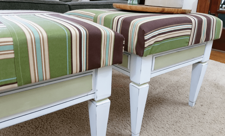 See How I Created These Comfy Footstools and Ottomans from Flea Market Tables!- www.michellejdesigns.com #michellejdesigns #fleamarketfinds #furnitureflip #diyfootstools #diyottomans #repurpose #upcycle #furnitureupclycle