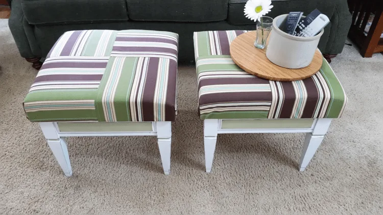 See How I Created These Comfy Footstools and Ottomans from Flea Market Tables!- www.michellejdesigns.com #michellejdesigns #fleamarketfinds #furnitureflip #diyfootstools #diyottomans #repurpose #upcycle #furnitureupclycle