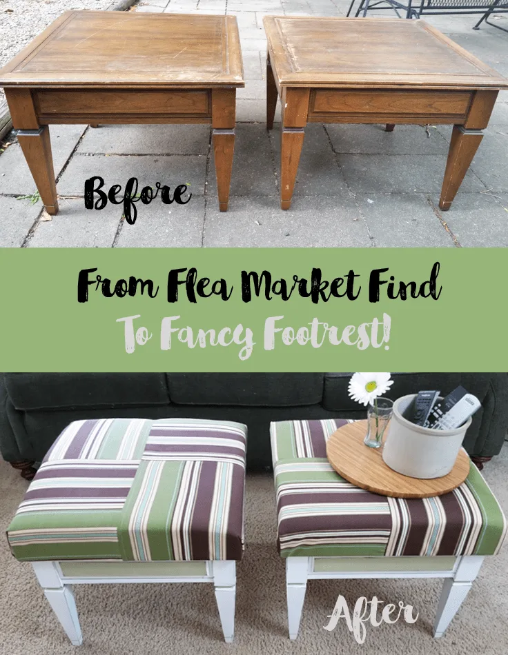 See How I Created These Comfy Footstools and Ottomans from Flea Market Tables!- www.michellejdesigns.com #michellejdesigns #fleamarketfinds #furnitureflip #diyfootstools #diyottomans #repurpose #upcycle #furnitureupclycle