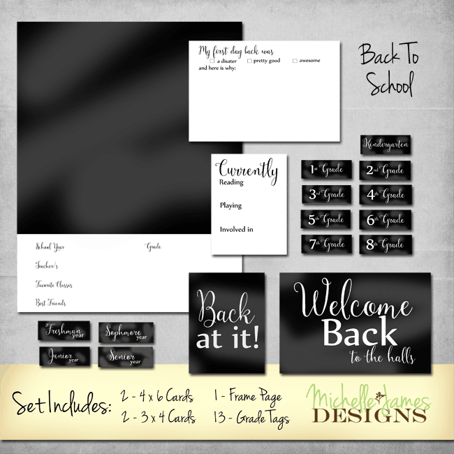 Back To School - www.michellejdesigns.com - I have designed an address change card and a back to school scrapbooking kit and they include free printables! Come over and get them downloaded.