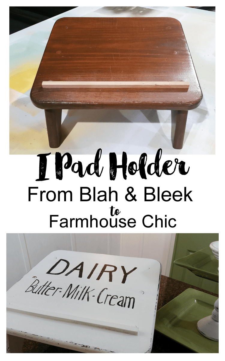 IPad Holder - www.michellejdesigns.com - I created this farmhouse ipad -tablet holder from a footstool I purchased at a flea market. I love it in the kitchen when I am working on a recipe!