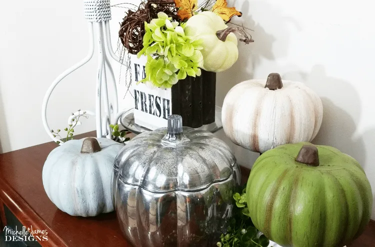 How-To-Transform-Foam-Pumpkins-Into-Pretty-Fall-Decor - www.michellejdesigns.com - I used paint to transform some hideous, bright orange pumpkins into pretty fall decor.