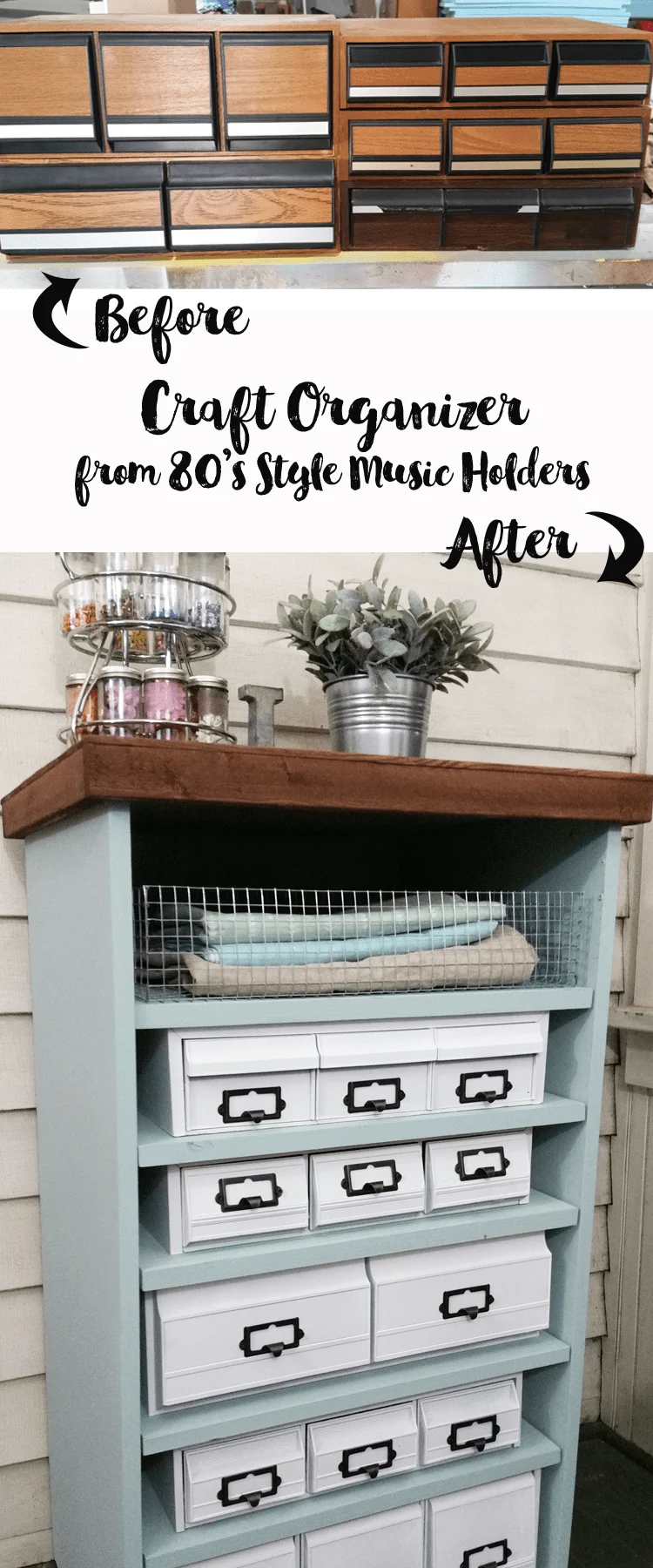  I found a bunch of the old 80's cassette, cd and vhs holders.  I gave them a cohesive look  with white paint and stacked them in an old stereo cabinet to create this awesome craft organizer!
