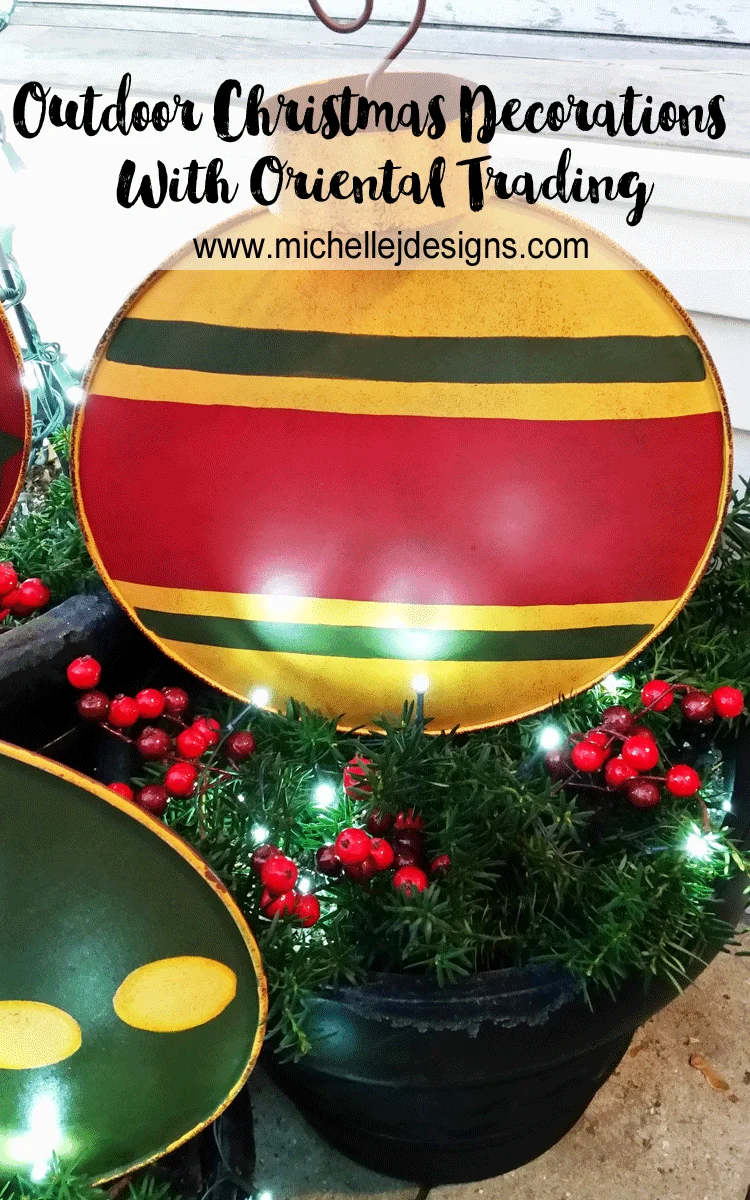 Outdoor Christmas Decorations - www.michellejdesigns.com - These large, metal ornament stakes were perfect for the Outdoor Christmas Decorations by my back door. Come see how they turned out.