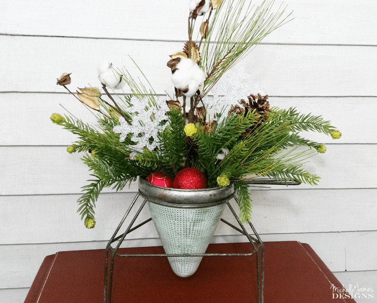 Trash-To-Treasure-Farmhouse-Holiday-Decor - www.michellejdesigns - I love to recycle and re-use when ever I can. I bought this vintage canner piece a few months ago and it has been reborn as a container to hold this beautiful holiday arrangement.