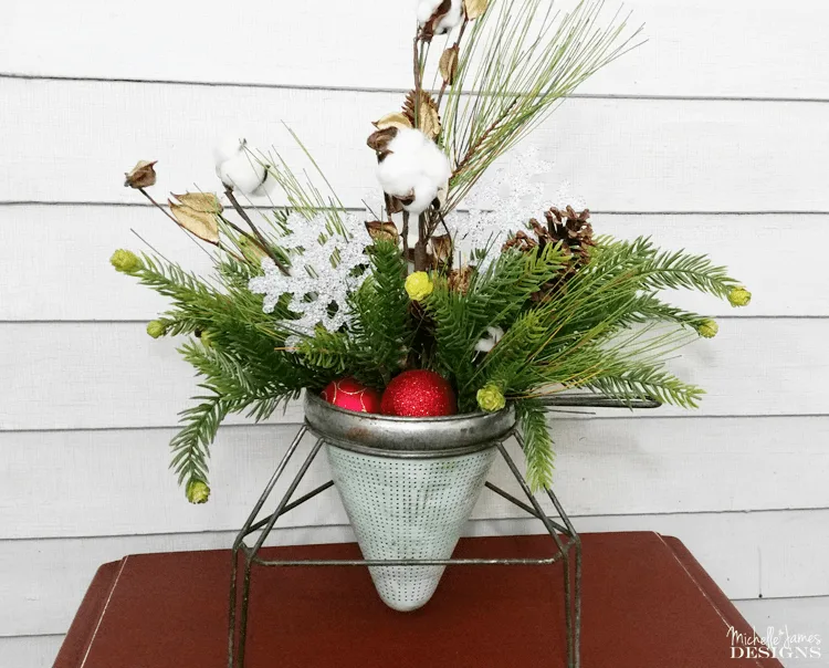 Trash-To-Treasure-Farmhouse-Holiday-Decor - www.michellejdesigns - I love to recycle and re-use when ever I can. I bought this vintage canner piece a few months ago and it has been reborn as a container to hold this beautiful holiday arrangement.