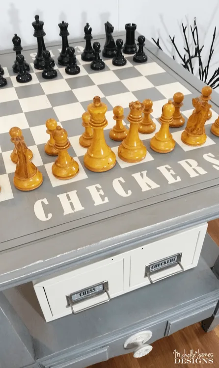 I used a HomeRight paint sprayer, some spray paint and some masking materials to paint a chess and checkers board. This was a fun DIY game table that anyone can create