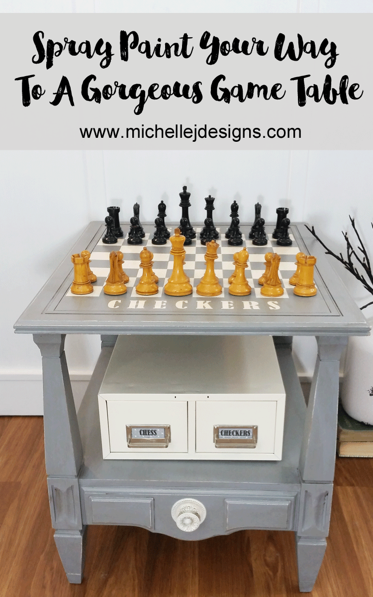 I used a HomeRight paint sprayer, some spray paint and some masking materials to paint a chess and checkers board. This was a fun DIY game table that anyone can create!