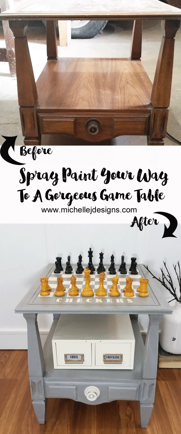 I used a HomeRight paint sprayer, some spray paint and some masking materials to paint a chess and checkers board. This was a fun DIY game table that anyone can create