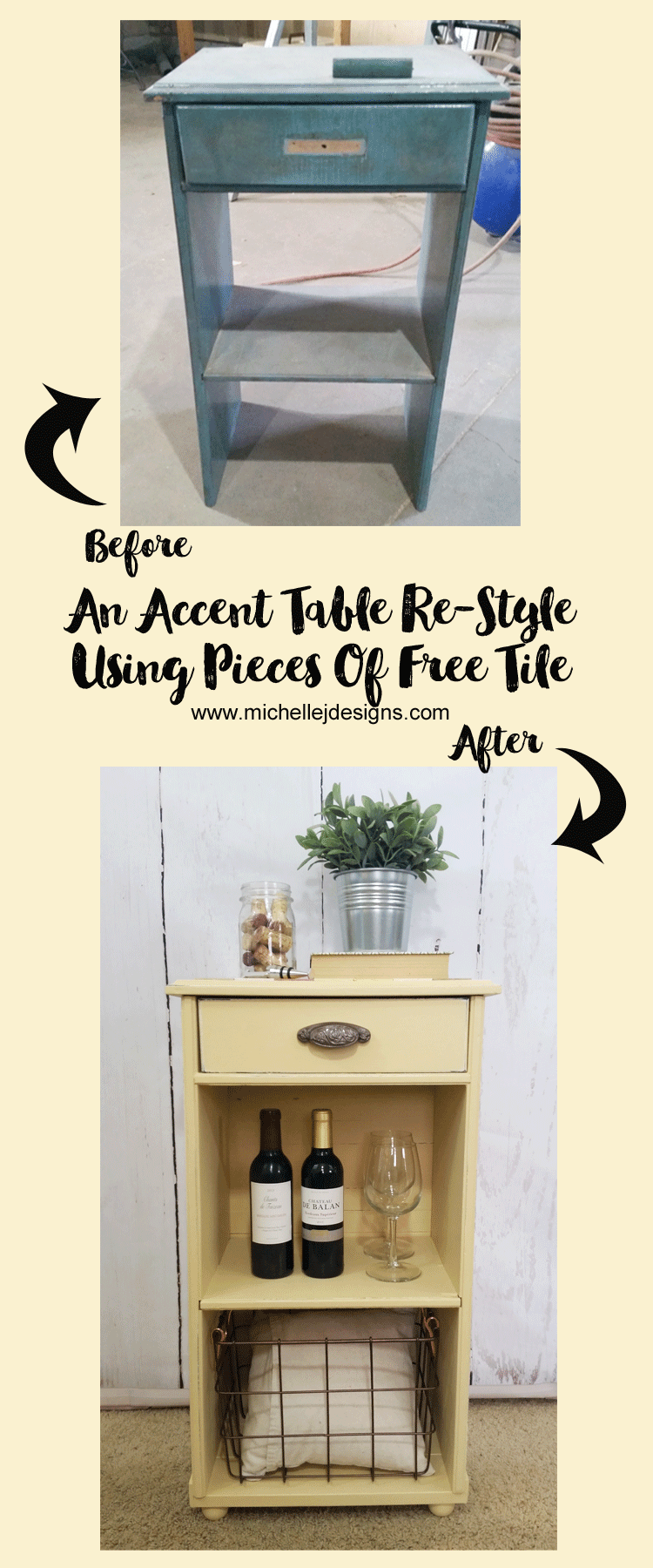 This little rickety accent table was transformed and re-styled using pieces of free tile samples. 